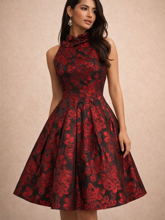 Jessica Howard Dresses & Skirts - Jessica Howard Red and Black Floral Fit-and-Flare Midi Dress